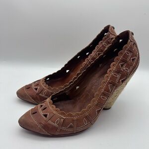 FIRETRAP Brown Caramel Leather Pointed Toe Heels Shoe Unique Design Size 38